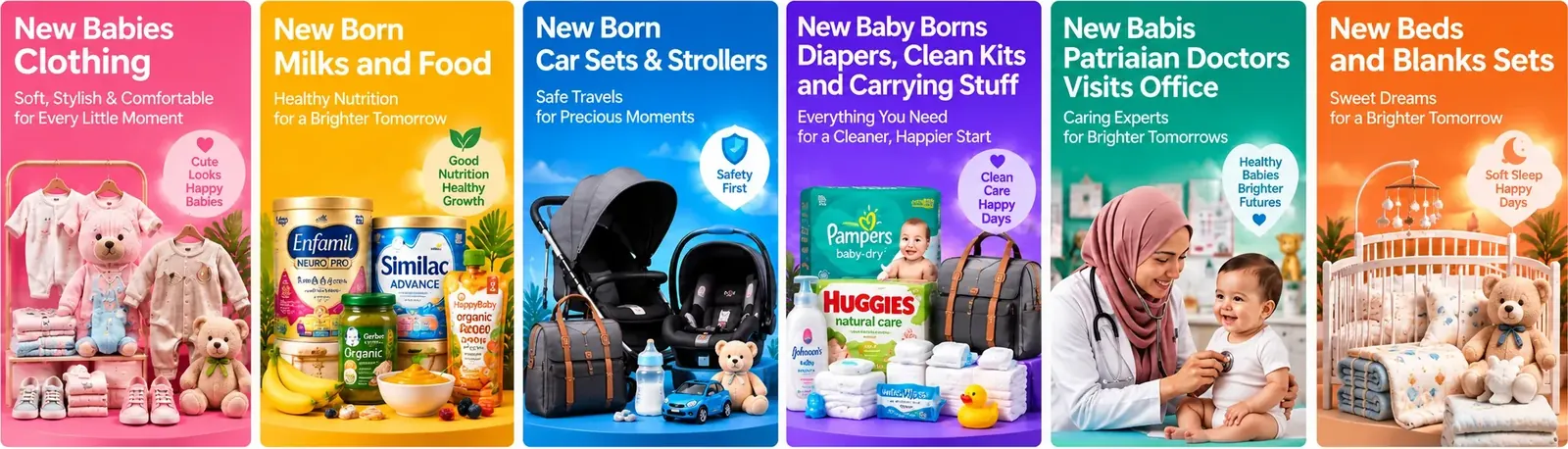 New baby essentials including clothing, food, car seats, diapers, pediatric care, and bedding