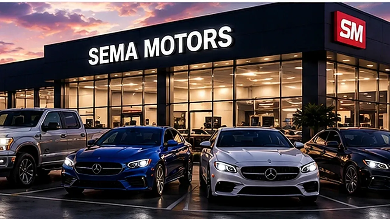 Modern SEMA Motors dealership with vehicles