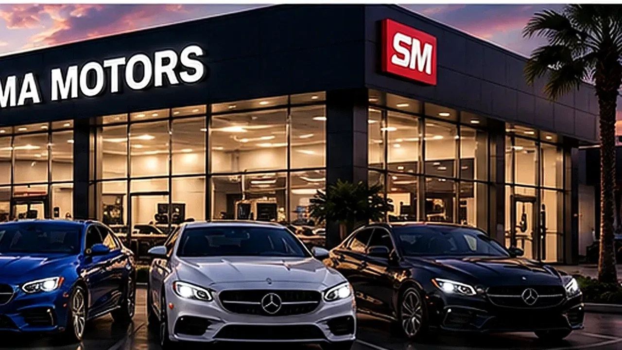 Luxury vehicles outside a dealership