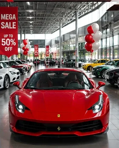 Bright automotive showroom with a red sports car, sale signs and red and white balloons