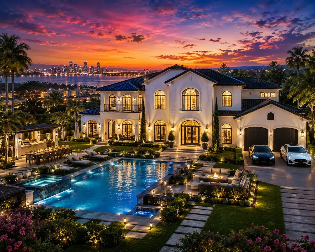 Luxury villa with swimming pool, landscaped garden, cars and distant city skyline