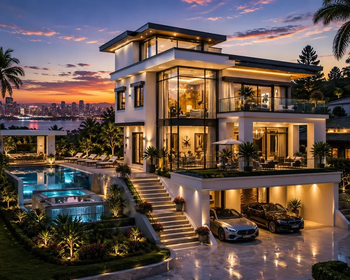 Modern multi-level villa with glass balconies, swimming pool, gardens and luxury cars
