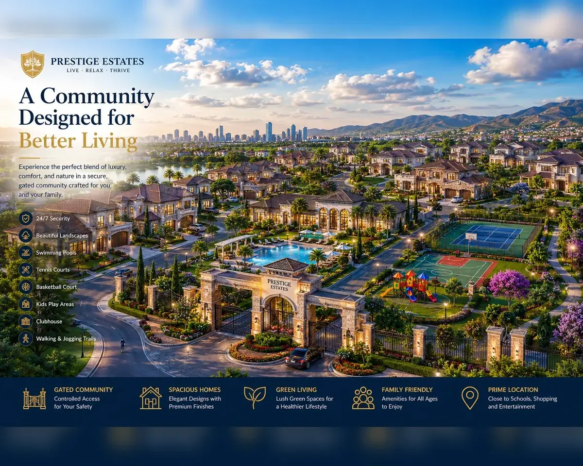 Gated estate with tiled-roof homes, gardens, pool, tennis, basketball and playgrounds