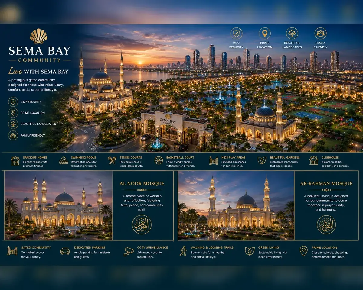 SEMA BAY community at sunset with two illuminated mosques, villas, sports courts and gardens