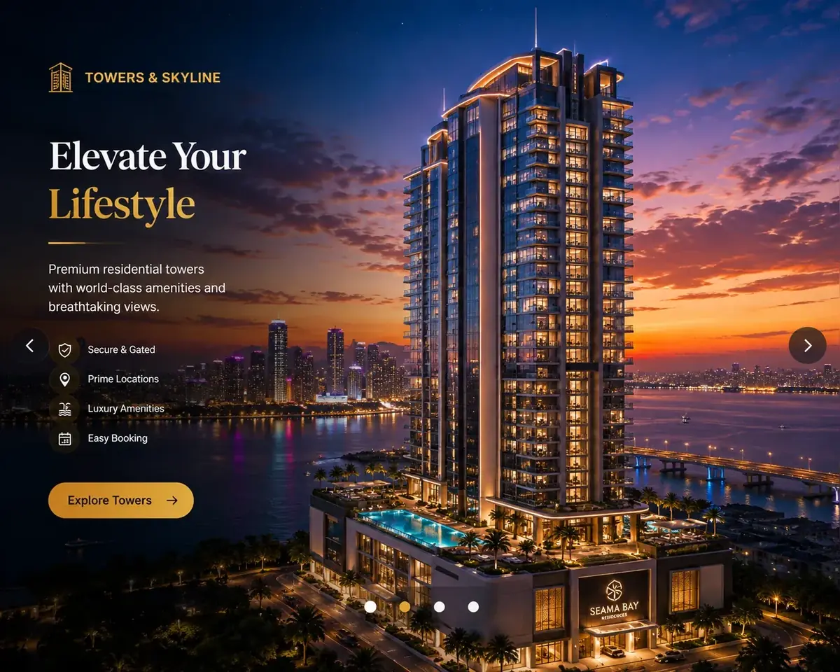 Premium residential high-rise tower with waterfront views and landscaped pool deck