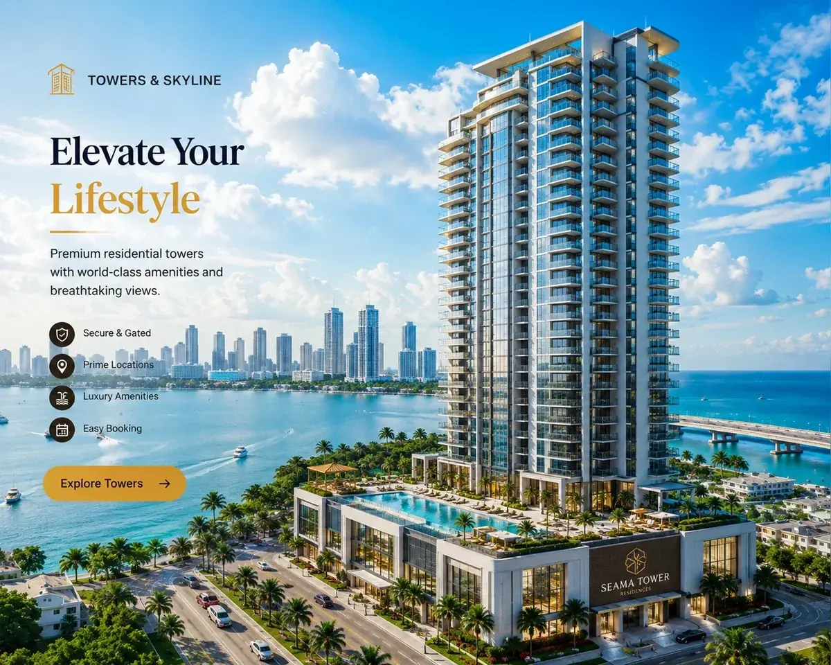 Daylight waterfront residential tower with blue sky, pools, palms and spacious surroundings