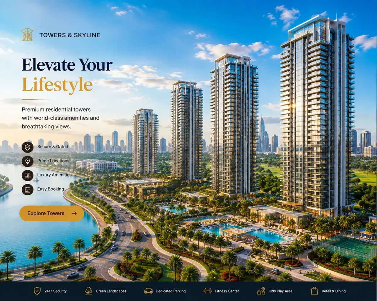 Multiple residential high-rises separated by green landscapes, pools, sports courts and safe open space