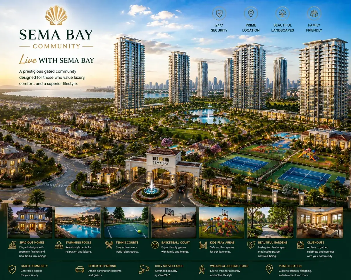 SEMA BAY high-rise community with towers, villas, gardens, pools and recreation areas