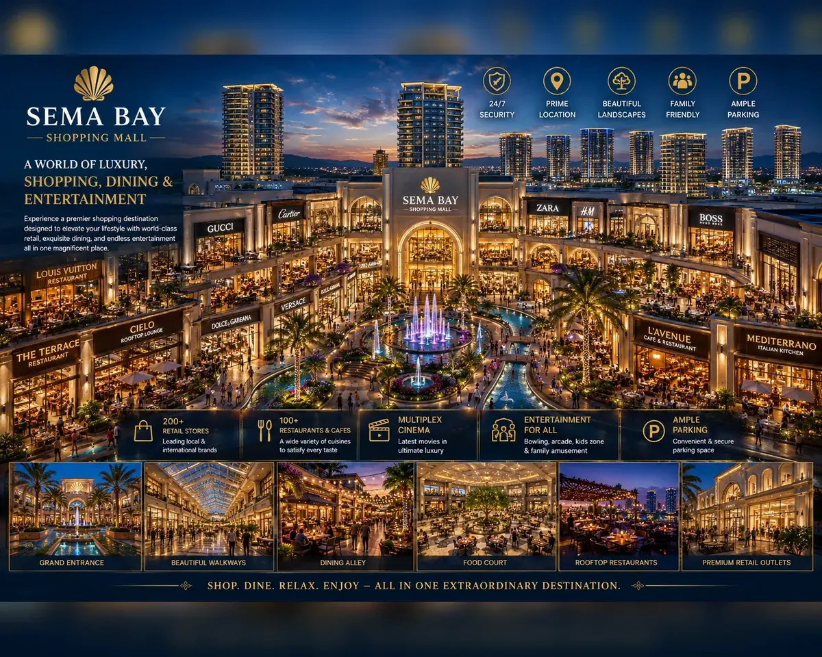 SEMA BAY shopping mall with bright walkways, restaurants, fountains and evening entertainment