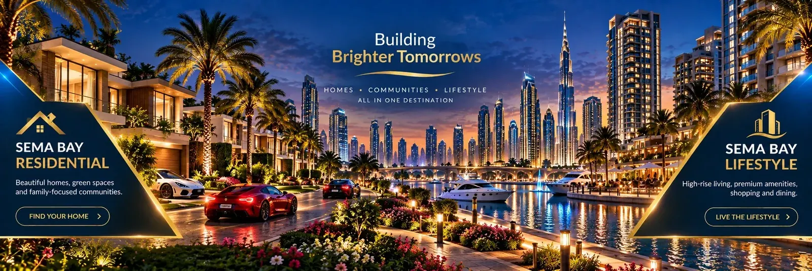 SEMA BAY Residential and Lifestyle community with luxury villas, landscaped gardens, sports cars, waterfront and glowing skyline