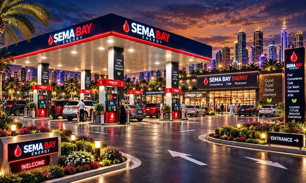 SEMA BAY Energy station with illuminated fuel canopy, pumps, vehicles, convenience store, and landscaped entrance