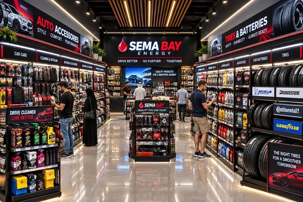 SEMA BAY auto accessories store with car care products, tires, batteries, and vehicle essentials