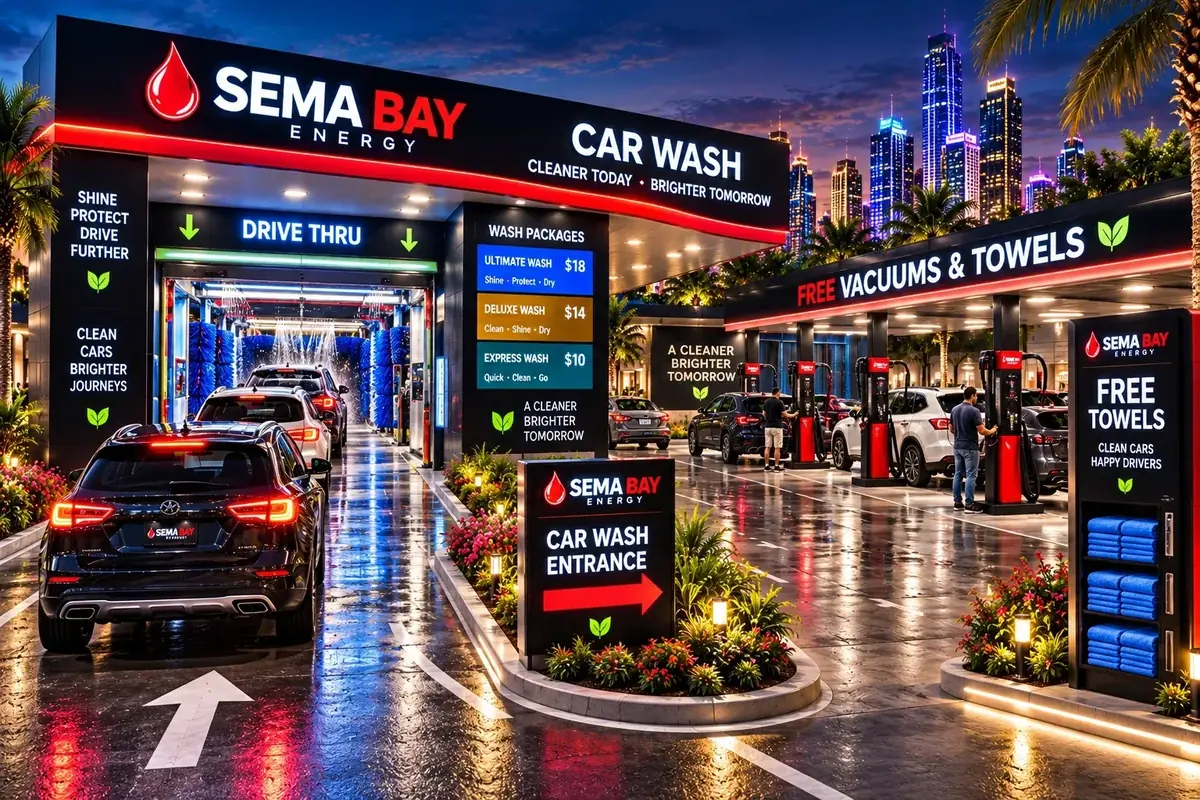 SEMA BAY drive-through car wash with vehicles, free vacuums, towels, and illuminated landscaping