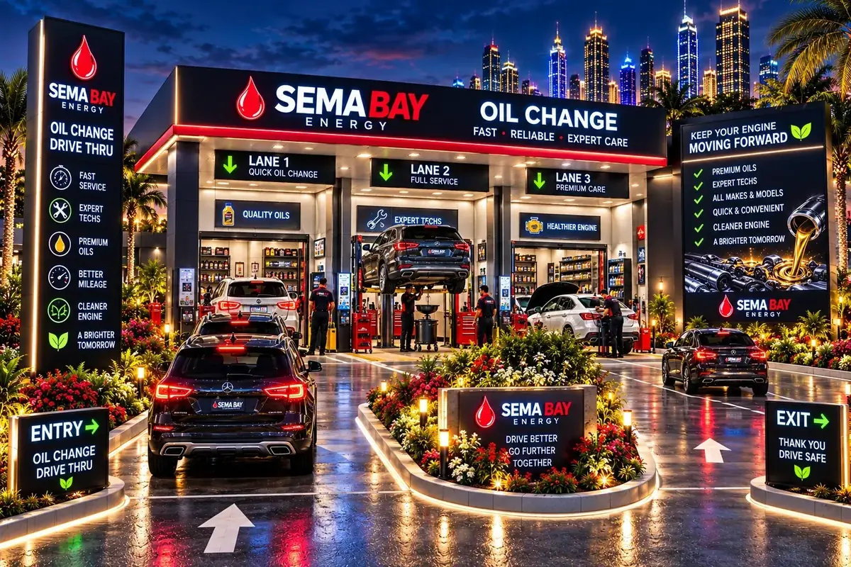 SEMA BAY oil change center with multiple service lanes, cars, entry and exit signs, and landscaped drive-through