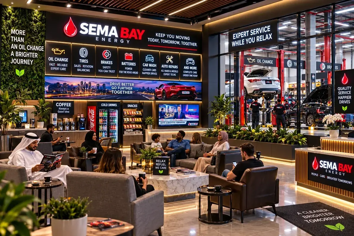 SEMA BAY premium customer waiting lounge with comfortable seating, refreshments, service displays, and view of the auto service area