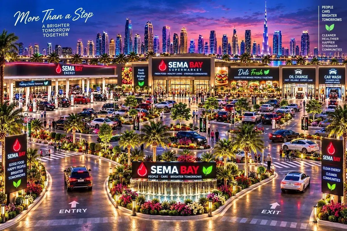 SEMA BAY destination featuring the supermarket, energy station, deli, oil change, car wash, and landscaped parking