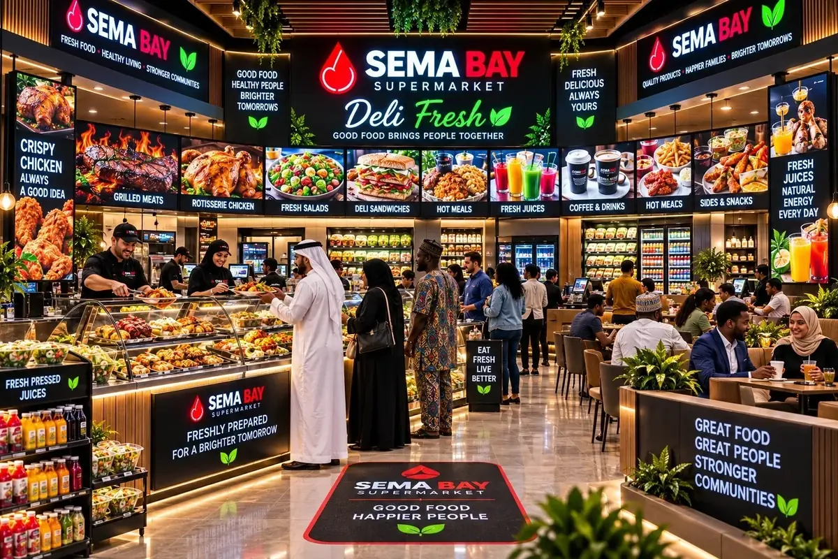 SEMA BAY Deli Fresh with hot meals, grilled meats, salads, sandwiches, juices, coffee, and seating
