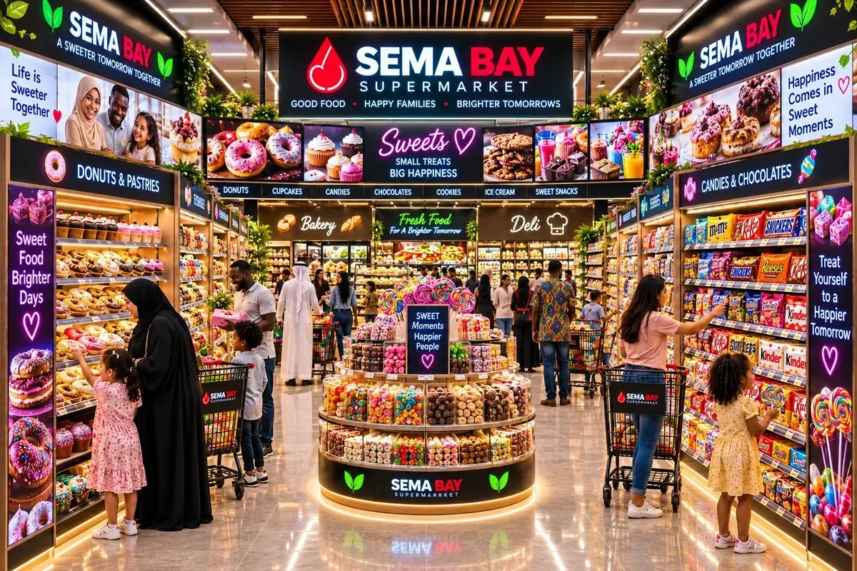 SEMA BAY sweets department with donuts, pastries, cupcakes, candies, chocolates, cookies, and sweet snacks