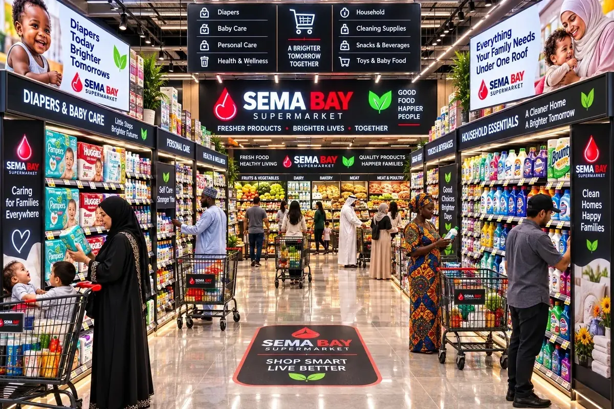 SEMA BAY family essentials aisle with baby care, personal care, household, cleaning, health, wellness, snacks, and beverages