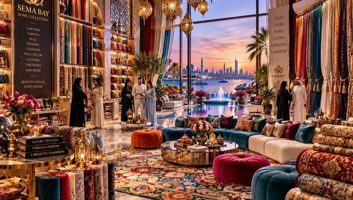 Curtains, carpets, rugs and colorful home textiles