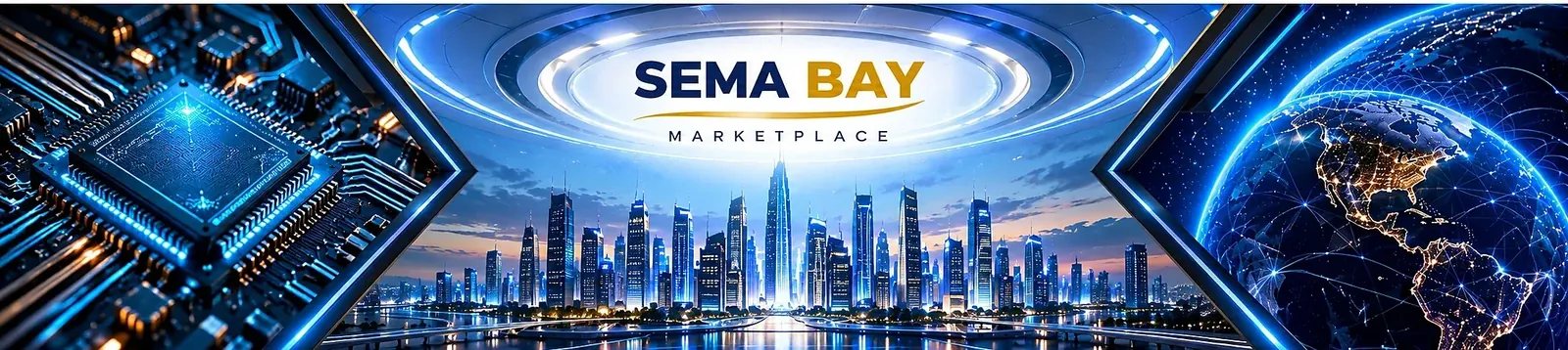 SEMA BAY Marketplace futuristic technology city with chipset and connected globe